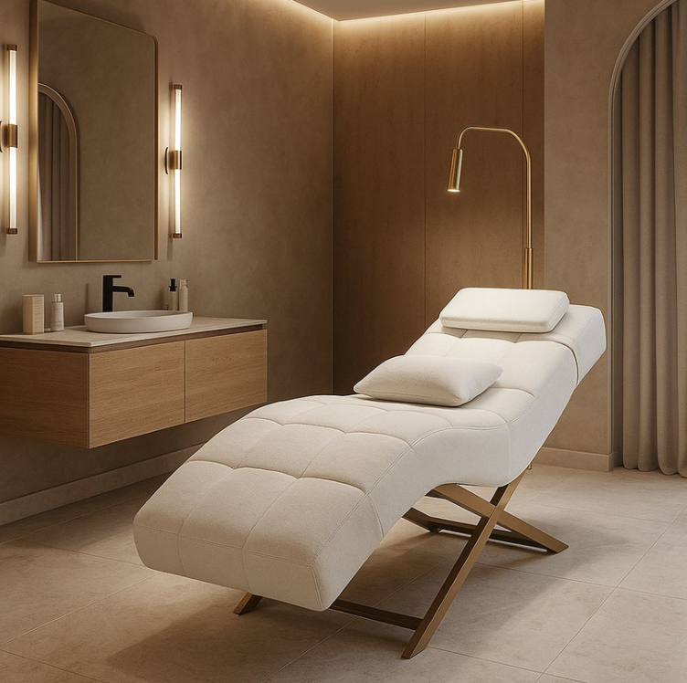 Łóżko PRIME AURA S-Shape w eleganckim gabinecie SPA z oświetleniem LED, kolor kremowy welur na złotej podstawie